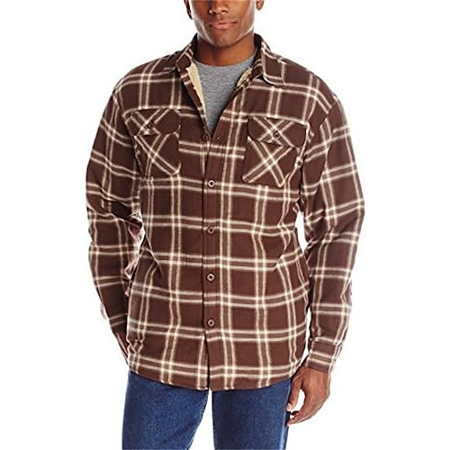 

Men's Fleece Shirt Shirt Plaid Turndown Wine Green Black Blue Khaki Work Street Long Sleeve Button-Down Print Clothing Apparel Fashion Simple Casual