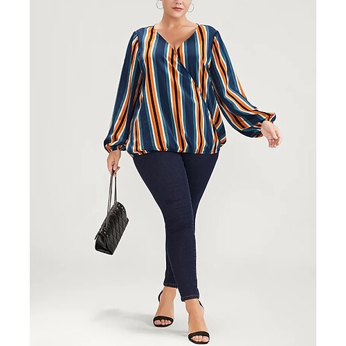 

Women's Plus Size Tops Blouse Line Print Long Sleeve V Neck Fashion Modern Vacation Going out Polyester Winter Fall Orange