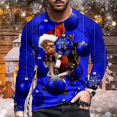 

Men's Unisex Christmas T shirt 3D Print Graphic Prints Santa Claus Print Long Sleeve Tops Casual Designer Big and Tall Blue