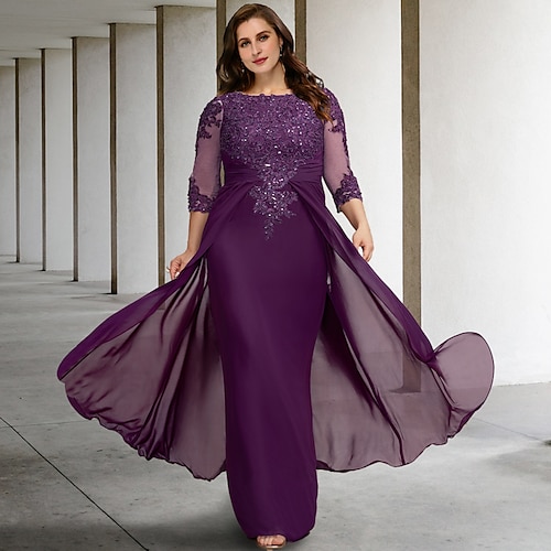

Sheath / Column Plus Size Curve Mother of the Bride Dresses Luxurious Dress Formal Floor Length Half Sleeve Jewel Neck Chiffon with Ruched Beading Appliques 2022
