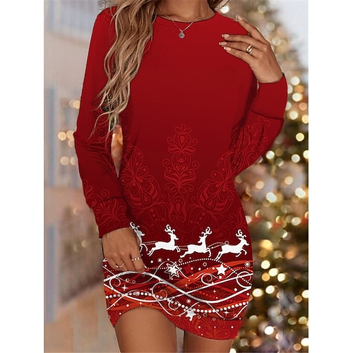 

Women's Sweatshirt Dress Shift Dress Wine Red Long Sleeve Elk Print Winter Fall Autumn Fashion Christmas Daily Loose Fit 2022 S M L XL XXL 3XL