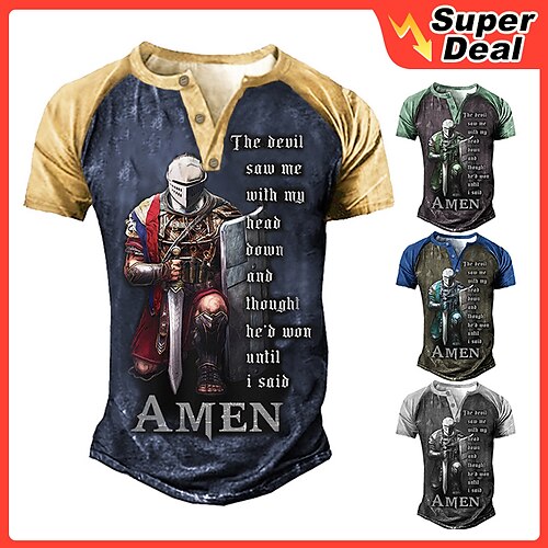 

Men's Henley Shirt T shirt Tee Graphic Tees Templar Cross Soldier Henley Green Black Blue Navy Blue Coffee 3D Print Plus Size Outdoor Daily Short Sleeve Patchwork Button-Down Clothing Apparel Basic