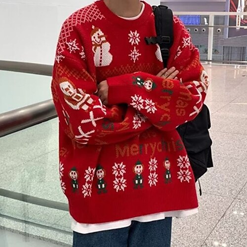 

Men's Ugly Christmas Sweater Ugly Sweater Pullover Sweater Ribbed Knit Oversized Knitted Letter Crewneck Stylish Keep Warm Christmas Vacation Clothing Apparel Winter Fall Black Blue S M L