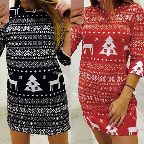 

Women's Christmas Casual Dress T Shirt Dress Tee Dress Short Mini Dress Red Black Half Sleeve Elk Tree Snowflake Print Fall Winter Crew Neck Fashion Modern 2022 S M L XL XXL