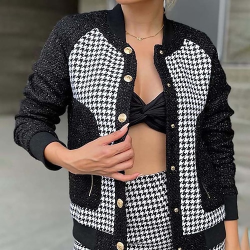 

Women's Jacket Vacation Patchwork Houndstooth Breathable Fashion Regular Fit Outerwear Long Sleeve Winter Black S