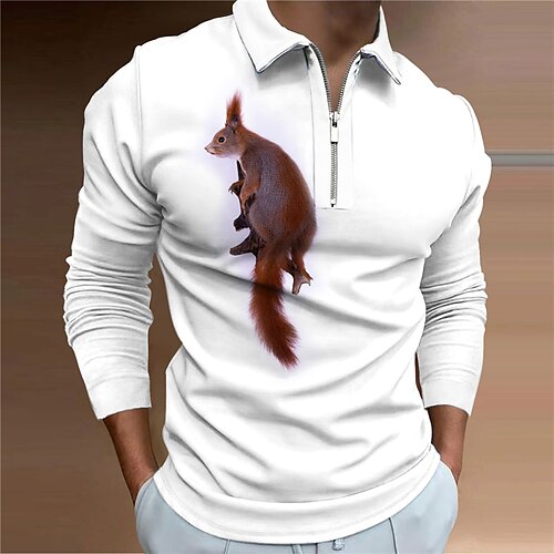 

Men's Polo Shirt Golf Shirt Animal Graphic Prints Squirrel Turndown Green Blue Khaki White 3D Print Outdoor Street Long Sleeve Zipper Print Clothing Apparel Fashion Designer Casual Soft