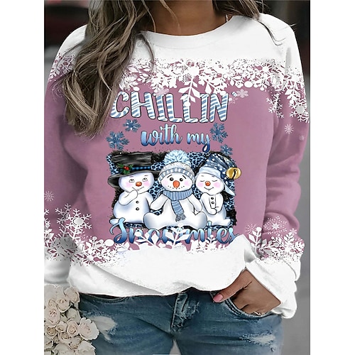 

Women's Plus Size Christmas Tops Pullover Sweatshirt Letter Snowman Print Long Sleeve Crew Neck Casual Festival Daily Polyester Winter Fall Blue Pink