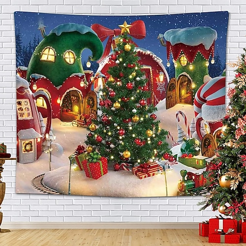 

Christmas Party Wall Tapestry Photography Background Holiday Art Decor Blanket Hanging Home Bedroom Living Room Decoration Santa Claus Tree Snowman Elk Snowflake Candle Gift Fireplace