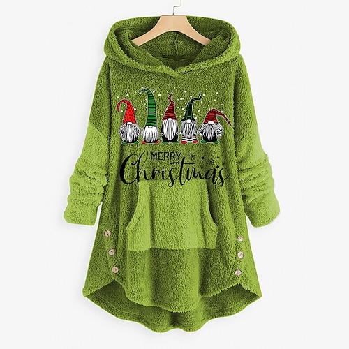 

Women's Sweatshirt Pullover Sherpa Fleece Teddy Button Front Pocket Green Black Red Gnome Christmas Round Neck Long Sleeve Fleece S M L XL XXL 3XL