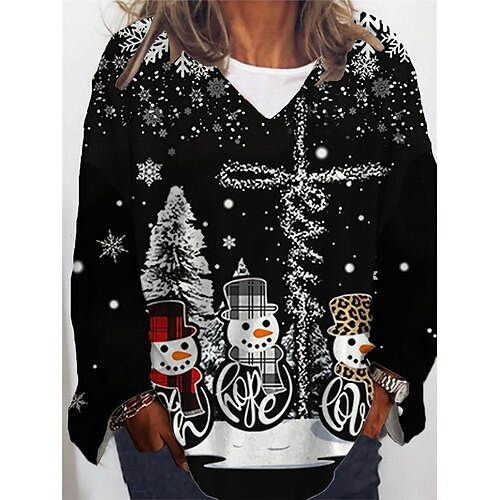 

Women's Plus Size Christmas Tops T shirt Tee Santa Claus Snowman Print Long Sleeve V Neck Casual Festival Daily Cotton Spandex Jersey Winter Fall Black Wine