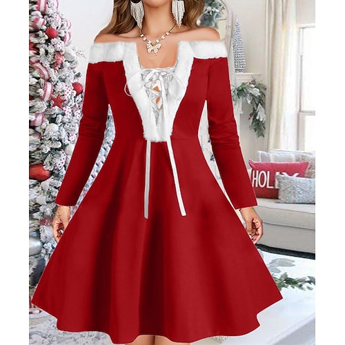 

Women's Christmas Swing Dress Vintage Dress Mini Dress Green Blue Yellow Red Black Long Sleeve Pure Color Backless Feather Winter Fall Off Shoulder Vacation Stylish Elegant Fall Dress Loose Fit 2022