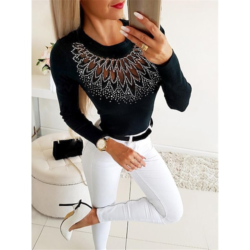 

Women's Blouse Shirt Black Gray Plain Mesh Rhinestone Long Sleeve Casual Daily Basic Round Neck Regular S