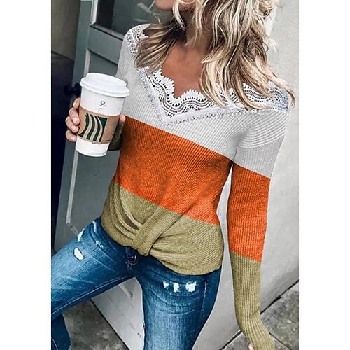 

amazon 2022 autumn and winter women's european and american color-block lace v-neck long-sleeved top