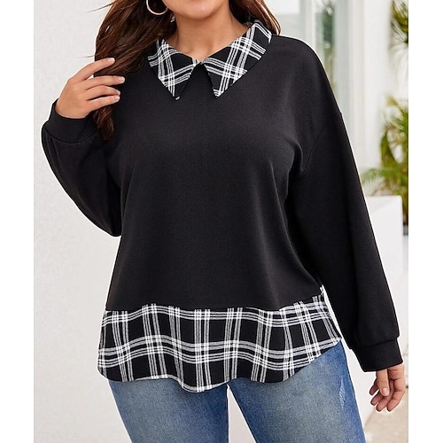 

Women's Plus Size Tops Blouse Plaid Patchwork Print Long Sleeve Shirt Collar Fashion Casual Daily Vacation Polyester Winter Fall Black