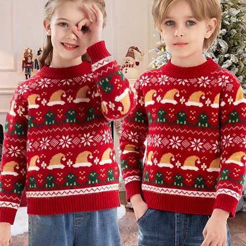 

Kids Ugly Christmas Sweater Long Sleeve Graphic Creamy-white Red Children Tops Winter Fall Active Fashion School Christmas 3-13 Years