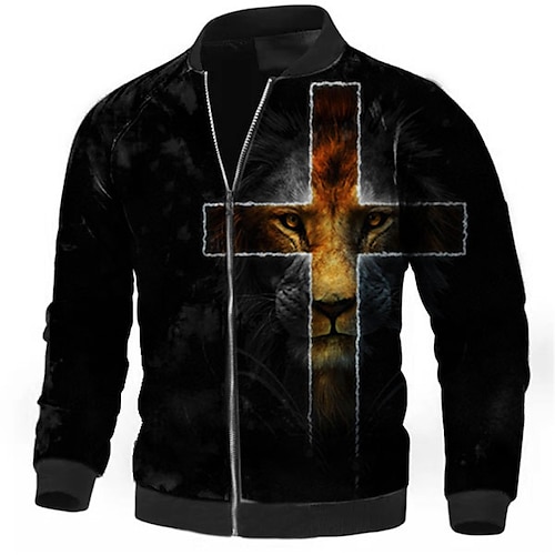 

Men's Coat Warm Sports & Outdoor Zipper Animal Lion Cross 3D Printed Graphic Standing Collar Sport Jacket Outerwear Long Sleeve Zipper Fall & Winter