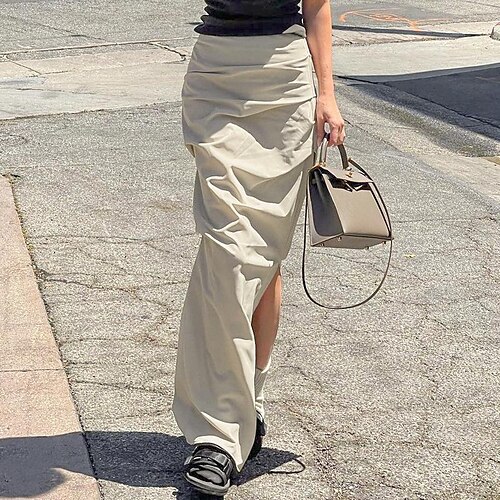 

Women's Skirt Maxi Polyester khaki Skirts Ruched Split Basic Casual Daily Weekend S M L