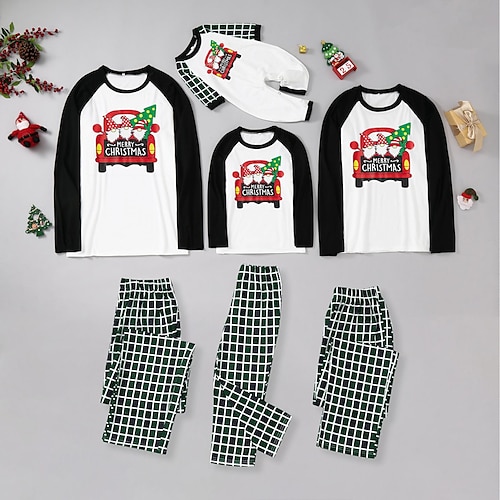 

Christmas Pajamas Family Plaid Letter Santa Claus Home Black Long Sleeve Basic Matching Outfits