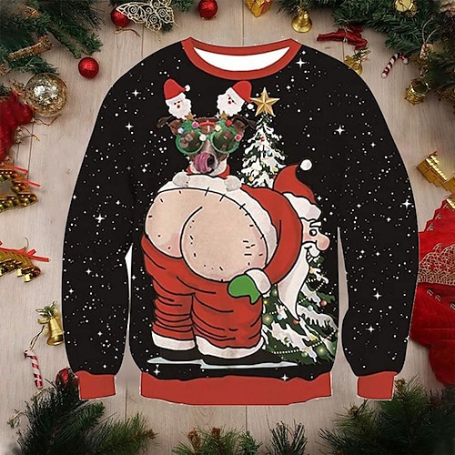 

Mens Graphic Hoodie Sweatshirt Pullover Green Red Wine White Yellow Crew Neck Santa Claus Prints Butt Ugly Sweater Cotton