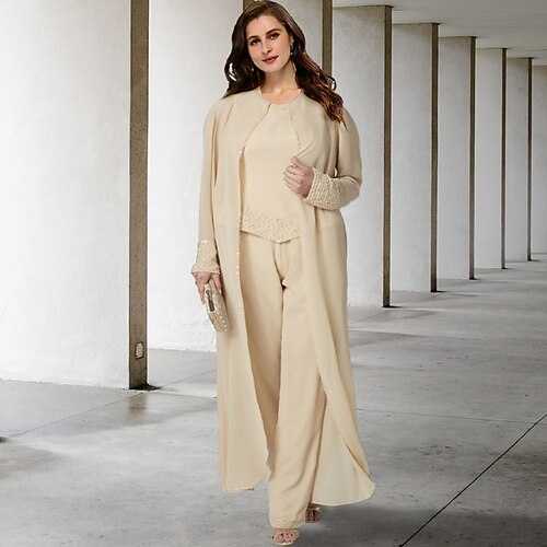 

Todelt Jumpsuit / Pantsuit Plus Size Curve Mother of the Bride-kjoler Elegant Kjole Formell Gulvlengde Ermeløs Besmykket Chiffon med Perlearbeid 2023