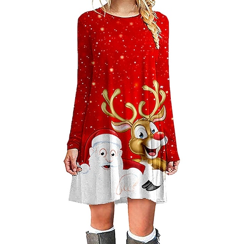 

damen weihnachten casual dress t-shirt kleid tee kleid minikleid rot langarm weihnachtsmann elch print winter herbst rundhalsausschnitt stylish casual 2022 s m l xl