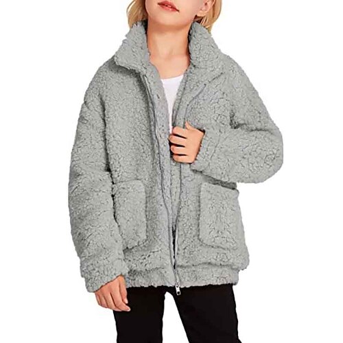 

Kids Girls' Sherpa Jacket Solid Color Fashion Casual Coat Outerwear 3-12 Years Winter dark brown Creamy-white Black