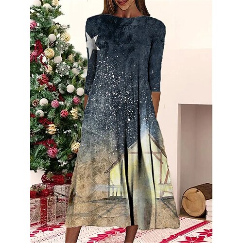 

Women's Christmas Casual Dress Shift Dress Midi Dress Green Blue Dark Green 3/4 Length Sleeve Snowman Ruched Winter Fall Autumn Fashion Daily 2022 S M L XL XXL 3XL