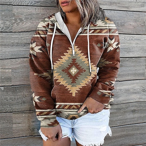 

Women's Plus Size Tops Hoodie Sweatshirt Tribal Geometry Zipper Pocket Long Sleeve Crewneck Vintage Ethnic Casual Daily Going out Polyester Winter Fall Blue khaki