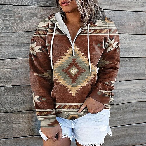 

Women's Plus Size Tops Hoodie Sweatshirt Tribal Geometry Zipper Pocket Long Sleeve Crewneck Vintage Ethnic Casual Daily Going out Polyester Winter Fall Blue khaki