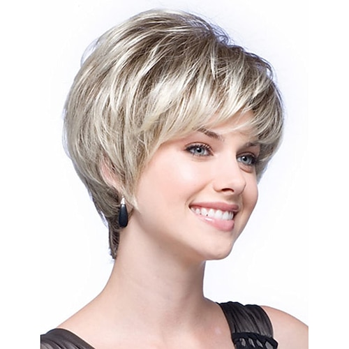 

Short Blonde Pixie Cut Wigs for White Women Blonde Mixed Brown Synthetic Wigs Natural Layered Short Hair Wigs with Bangs