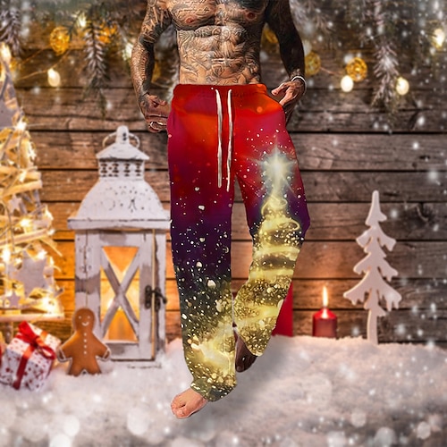 

Men's Christmas Pants Trousers Beach Pants Drawstring Elastic Waist 3D Print Tree Graphic Prints Christmas Comfort Casual Daily Holiday Streetwear Designer Green Blue