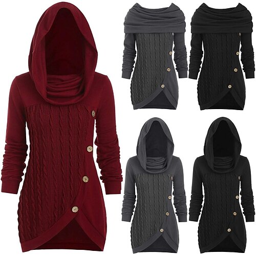 

Women's Blouse Shirt claret Green Black Plain Button Crochet Long Sleeve Casual Basic Hooded Long Cotton S
