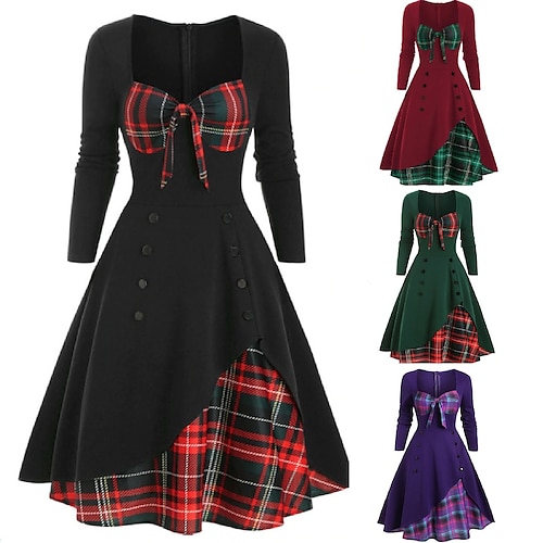 

damen weihnachten tartan kleid vintage kleid midi kleid grün weiß schwarz langarm kariert schnüren patchwork knopf winter herbst trägerlos vintage stilvoll lässig party herbst kleid 2022 s m l xl 2xl