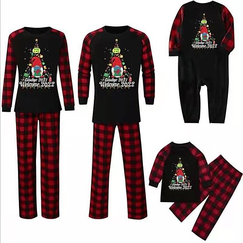 

Christmas Pajamas Family Plaid Letter Home Red Long Sleeve Basic Matching Outfits