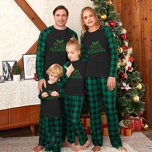 

Christmas Pajamas Family Graphic Home Crewneck Green Black Light Green Long Sleeve Adorable Matching Outfits