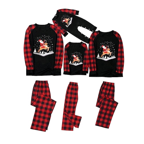 

Christmas Pajamas Family Plaid Santa Claus Elk Home Crewneck Black Long Sleeve Cute Matching Outfits