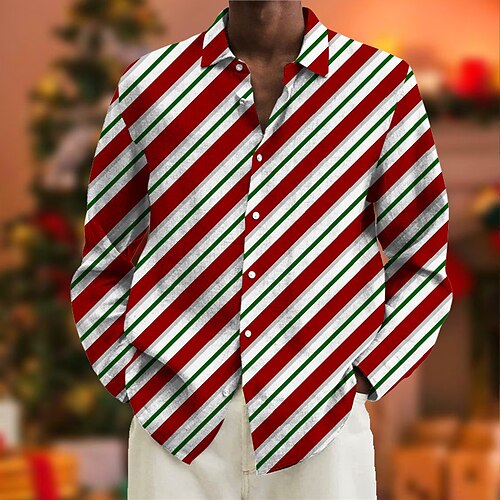 

Men's Shirt Striped Graphic Prints Turndown Red 3D Print Christmas Street Long Sleeve Button-Down Print Clothing Apparel Fashion Designer Casual Soft