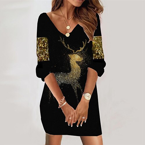 

Women's Sweatshirt Dress Shift Dress Sweat Dress Mini Dress Gold 3/4 Length Sleeve Elk Print Winter Fall Spring V Neck Fashion Christmas Daily 2022 S M L XL XXL 3XL