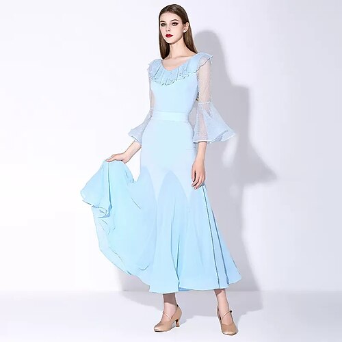 

Ballroom Dance Dress Ruffles Pure Color Women's Performance Training 3/4 Length Sleeve Chiffon Crystal Cotton Tulle