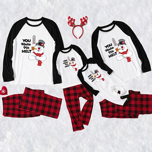 

Christmas Pajamas Family Plaid Letter Snowman Home Beige Long Sleeve Basic Matching Outfits