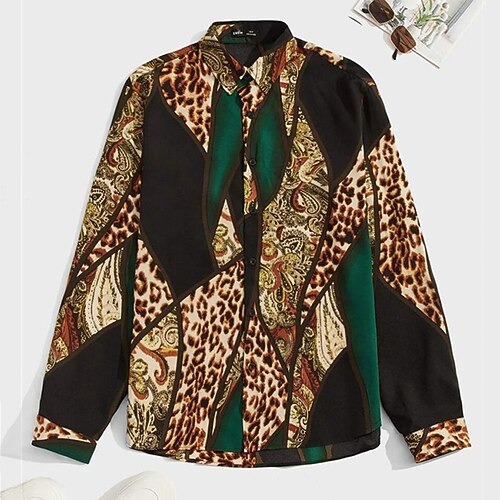 

Men's Shirt Leopard Color Block Graphic Prints Turndown Green Black Blue Yellow Red 3D Print Christmas Street Long Sleeve Button-Down Print Clothing Apparel Fashion Designer Casual Soft