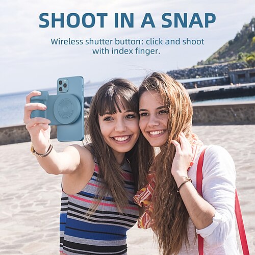 

Mobile battery grip with wireless shutter button - Magnetic mount snaps on to any phone - Built in Powerbank with Qi wireless charging - Tabletop dock