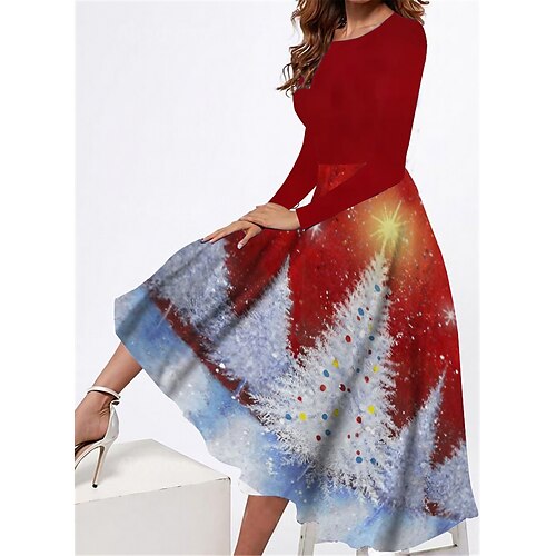 

Women's Casual Dress Swing Dress Midi Dress Wine Long Sleeve Christmas Tree Pocket Winter Fall Autumn Round Neck Fashion Christmas Daily Weekend 2022 S M L XL XXL 3XL