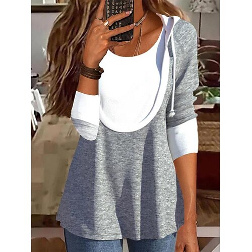 

Women's Blouse Shirt Gray Color Block Patchwork Long Sleeve Casual Basic Hooded Regular S