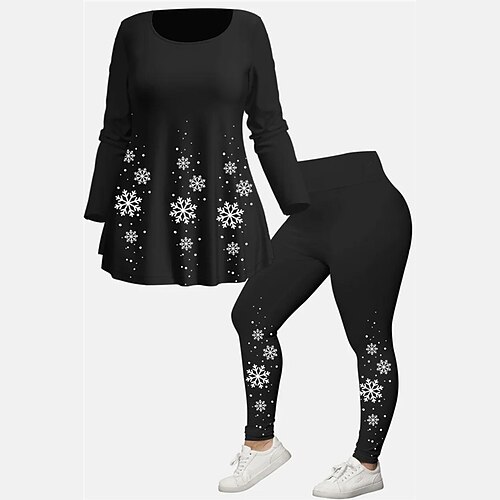 

Women's Plus Size Tops Set Snowflake Print Long Sleeve Crew Neck Casual Festival Christmas Daily Polyester Winter Fall Black