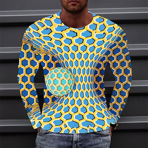 

Men's T shirt Tee Geometric Graphic Prints Crew Neck Blue Purple Yellow Light Sky Blue Gray 3D Print Outdoor Street Long Sleeve Print Clothing Apparel Basic Sports Designer Casual