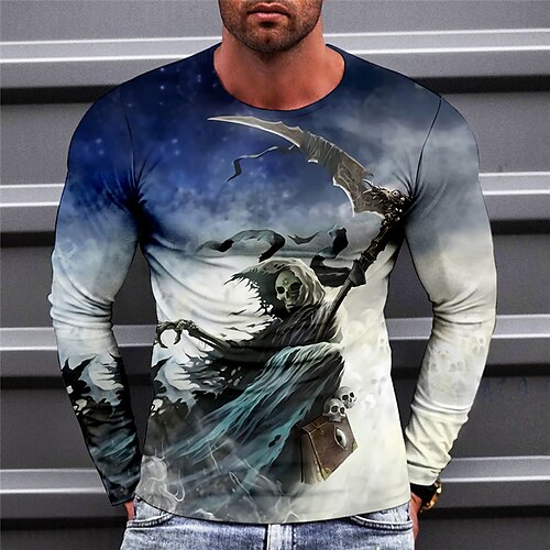 

Men's T shirt Tee Skull Graphic Prints Crew Neck Green Blue Purple Light Green Red 3D Print Outdoor Street Long Sleeve Print Clothing Apparel Basic Sports Designer Casual