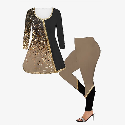 

Women's Plus Size Tops Set Color Gradient Print Long Sleeve Crew Neck Casual Daily Going out Polyester Winter Fall Black Gold