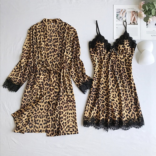 

Women's Plus Size Pajamas Robes Gown Nightgown Nighty 2 Pieces Leopard Simple Hot Retro Party Home Daily Polyester Breathable Gift V Wire Sleeveless Shorts Fall Spring Khaki / Pjs / Print