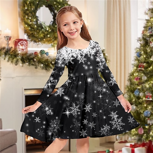 

Kids Girls' Christmas Dress Snowflake Casual Dress Above Knee Dress Christmas Gifts Crewneck Long Sleeve Adorable Dress 2-13 Years Winter Black Red